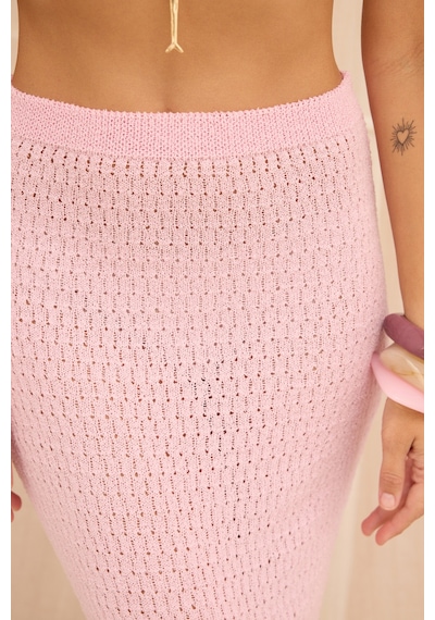 Mai Collection Pangestu Üçgen Pembe Crop Etek Triko Takım