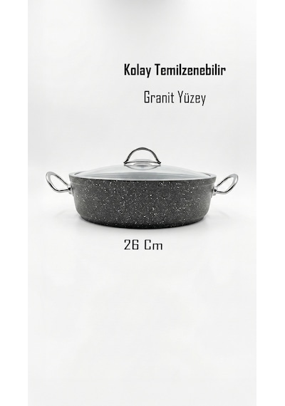 Bonetti Granit Pilav Tenceresi & Karnıyarık Tenceresi Cam Kapaklı, Metal Kulp 26 Cm Gri