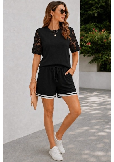 Dogutrend Kadın Kısa Kollu Bisiklet Yakalı Waffle Bluz Ve Short Ikili Takım Siyah