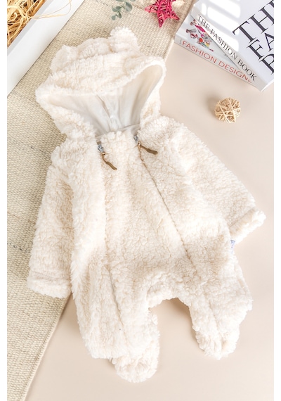 Babymod Kapüşonlu Ayıcık Fiğürlü Welsoft Peluş Kışlık Kız/erkek Bebek Tulum Krem