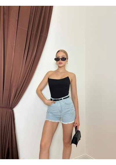Elora Atelier Taş Detaylı Açık Mavi Denim Şort Çok Renkli