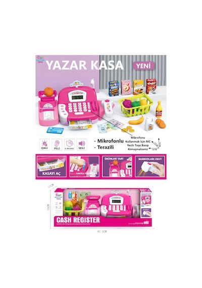 29 Parça Sesli Hesap Makineli Terazili Mikrofonlu Barkod Okuyuculu Yazar Kasa Yazarkasa Pos Pembe