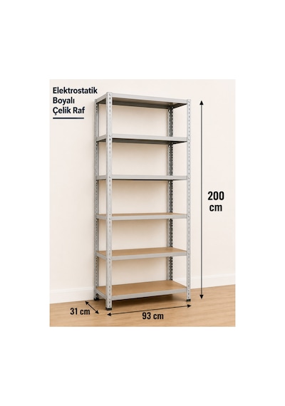 6 Katlı Çelik Elektrostatik Raf Sistemi, Depo, Arşiv, Kiler, Dosya, Market, Ayakkabı, Çiçek, Rafı Boyut: 31x93x200 Cm Kalınlık: 0,70 Mm Gri