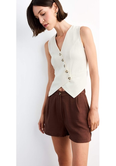 Defacto Slim Fit Dar Kesim V Yaka Keten Yelek G0663ax25smwt34 Beyaz