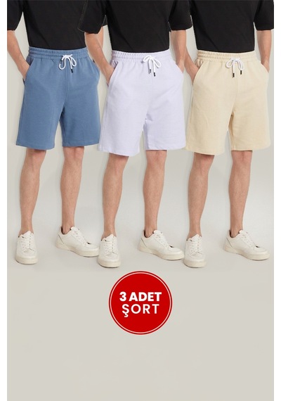 Tudors Erkek 3'lü Paket Beyaz-mavi-bej Relax Fit Rahat Kesim %100 Pamuk Beli Bağcıklı Çift Cepli Şort-52854 Çok Renkli