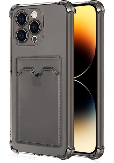 Apple Uyumlu iPhone 15 Pro Kılıf Darbe Emici Köşe Korumalı Kartlıklı Cüzdanlı Silikon Kapak Füme