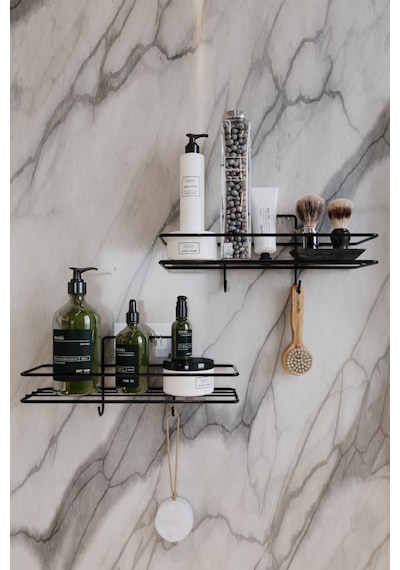 2li Set Banyo Düzenleyici Şampuanlık Mat Siyah Yapışkanlı 4 Askılı Duş Rafı Paslanmaz Organizer Siyah