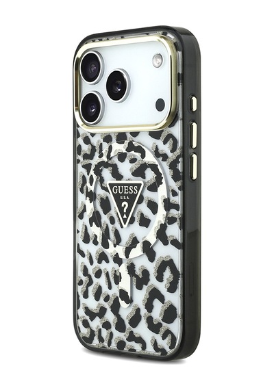 Apple iPhone Uyumlu 18 Pro Kılıf Guess  Lisanslı M-safeli Üçgen Logolu Simli Leopar Desenli Kapak Siyah