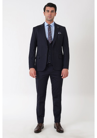 Efor Slim Fit Esnek Pamuklu Dokulu Lacivert Yelekli Takım Elbise Tk 959