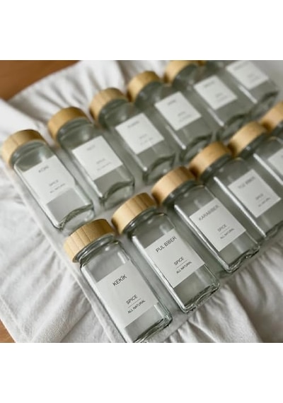 12 Li Bambu Kapaklı Kare Formlu Cam Baharatlık Seti 120 Ml / 16 Adet Etiket Hediye Açık Bej