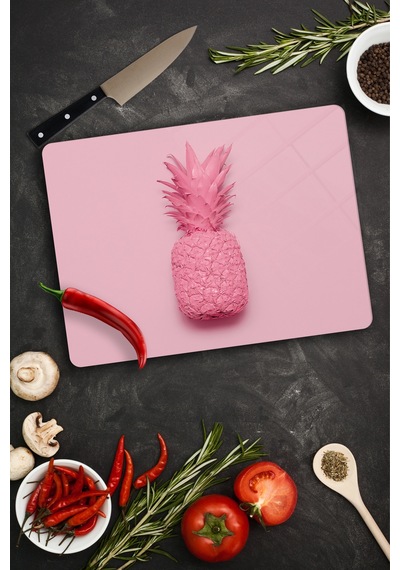 Pembe Ananas Cam Kesme Tahtası / Tablası | 30 CM X 40 CM