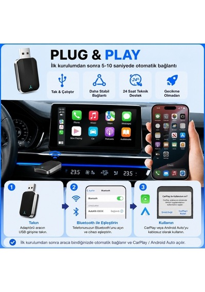 Kenly Kablosuz Apple Carplay Adaptörü 2'si 1 Arada Wireless Usb Type-c Otg Dönüştürücü