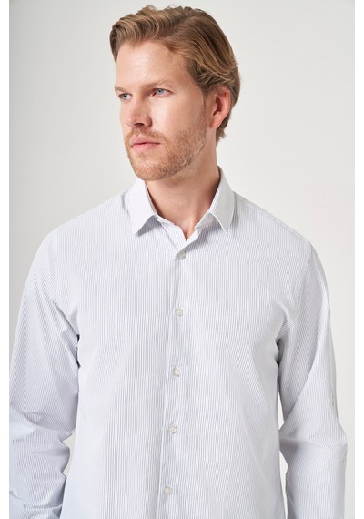 İmza Sert Yaka Uzun Kol Cepsiz Slim Fit Pamuklu Gömlek 1004260210 Beyaz - Lacivert