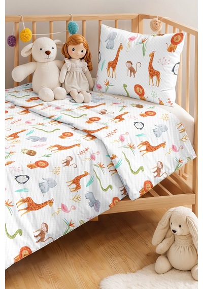 Evimde Bambaşka Safari Turuncu Çocuk Odası Tek Kişilik Pike Takımı-sevimli Hayvanlı 160x220  CM Kapitone Yatak Örtüsü