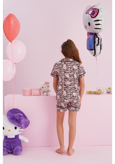 Siyah İnci Lisanslı %100 Pamuk Çok Renkli Düğmeli Biyeli Şort Pijama Takım Hk157 Pembe