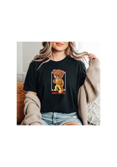 Herkesemoda Kungfu Master Baskı Detaylı Basic T-shirt Siyah