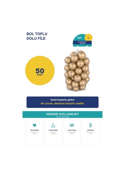 Gold Havuz Topu 50 Adet Yumuşak Oyun Havuzu Topları, Filede 1+ Yaş