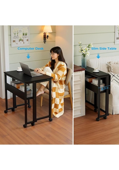 Sidney Kitaplık Raflı Katlanır Masa 70cm Tekerli Bilgisayar Masası Laptop Masası Siyah Siyah
