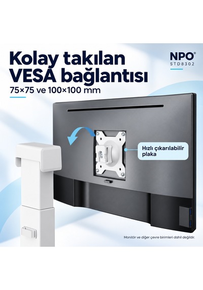 Npo Std8302 Yüz Algılayıcılı Otomatik Ayarlı 17-27" 20kg Kablosuz Şarjlı Vesa Çift Monitör Tutucu