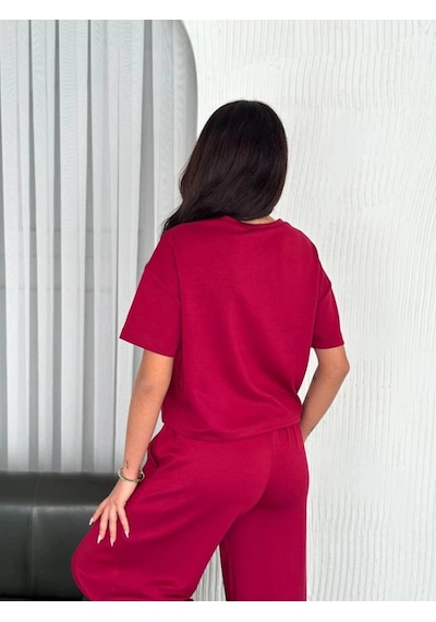 Freedom Storee Kadın Osy Modal Yumuşak Dokulu Kumaş Bisiklet Yaka T-shirt Bol Paça Pantolon İkili Takım -bordo Çok Renkli