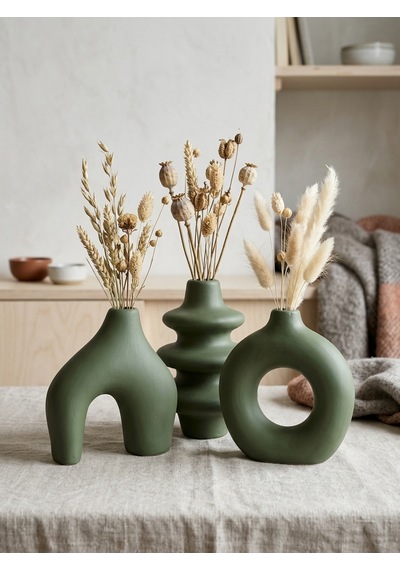 Kaveld Trio Forma El Yapımı 3'lü Dekoratif Vazo Seti, Kemer + Yığma Halka + Donut Form Mermer Tozu & Beton Minimalist Kuru Çiçek Vazosu Yaprak Yeşili Kaveld Trio Forma El Yapımı 3'lü Dekoratif Vazo Seti, Kemer + Yığma Halka + Donut Form Mermer Tozu & Beton Minimalist Kuru Çiçek Vazosu Yaprak Yeşili