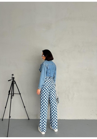 Kare Desenli Wide-leg Pantolon Mavi