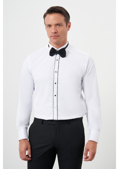 Morven Erkek Siyah Biyeli Düz Desen Ata Yaka Slim Fit Gömlek Siyah