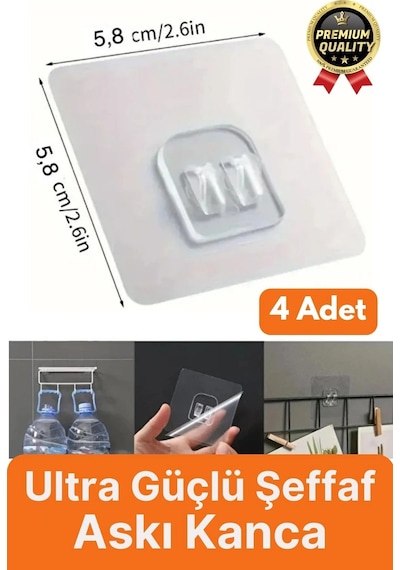 4 Adet Ultra Güçlü Suya Dayanıklı İz Bırakmaz Şeffaf Mutfak Banyo Tablo Raf Ayna Tutucu Askı Kanca Çok Renkli