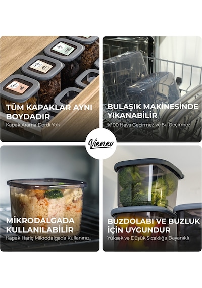 Vienev Renkli Etiketli Foly Kare Erzak Saklama Kabı Antrasit 6x 0.55 L 1.75 L 12'li Çok Renkli
