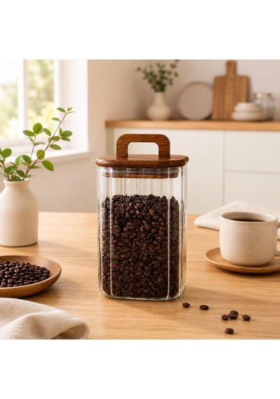 700 Ml Kare Line Cam Kavanoz Ahşap Kapaklı Kulplu Saklama Kabı Çok Renkli
