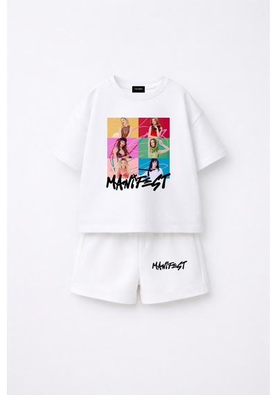 Fasardi Manifest Girls M6nifestgirls Baskılı Oversize Pamuk Tişört Şort 2'li Çocuk Takım Beyaz
