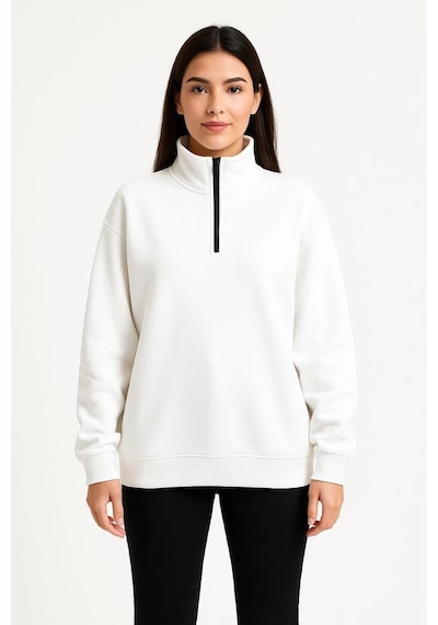 Primemagazam Kadın 3 İplik Pamuklu Dık Yaka Yarım Fermuarlı Sweatshirt - Beyaz Çeşitli