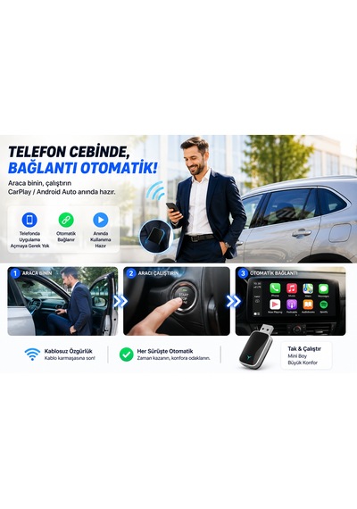 Hpytech Kablosuz Carplay Android Auto Dönüştürücü Usb & Type-c Mini Adaptör Wireless Carplay Dongle Tak Çalıştır Bluetooth 5.0 5ghz Wifi İphone & Android Uyumlu