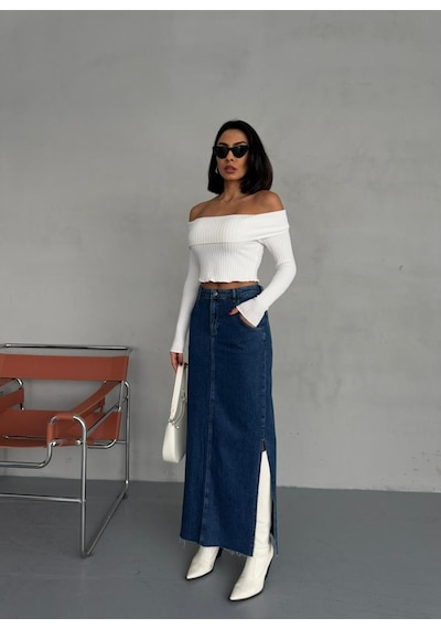 Zeo Basic Yanlardan Yırtmaçlı Jean Maxi Etek Mavi