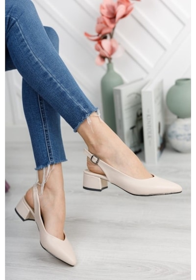 Moda Ayakkabı 0485 Cilt Krem Kadın 5Cm Topuklu  Ayakkabı