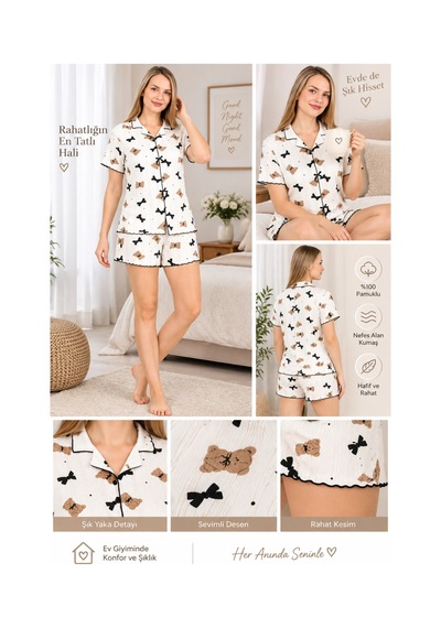 Genel Markalar Kadın Kısa Kollu Şortlu Pijama Takımı Ayıcık Fiyonk Desenli Düğmeli Beyaz Beyaz Genel Markalar Kadın Kısa Kollu Şortlu Pijama Takımı Ayıcık Fiyonk Desenli Düğmeli Beyaz Beyaz