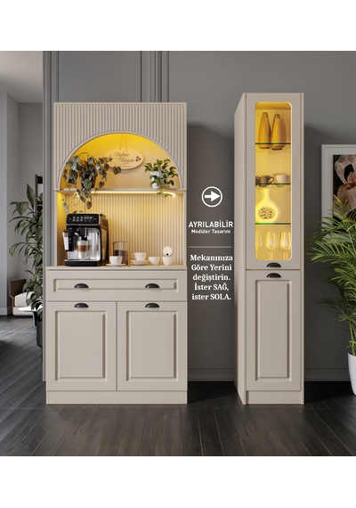 Siena Kum Beji Midi Sağ Vitrinli 130 Cm Komple Mdf Led Aydınlatmalı Kahve Köşesi