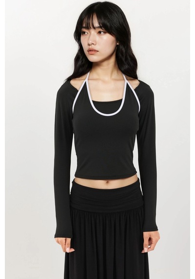Hiccup Halter Yaka Uzun Kollu Esnek Örme Top Siyah