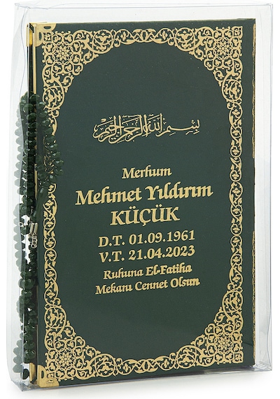 50 Adet İsim Baskılı Kutulu Tesbihli Orta Boy Deri Ciltli Yasin Kitabı Mevlüt Hediyesi Yeşil