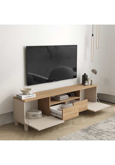 Robin Home Urban Tv Ünitesi Sehpası 2 Kapaklı 2 Çekmeceli Ahşap Ayaklı 180cm Kumsal-sepet Bej