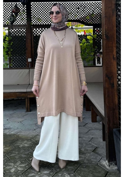 Rabia Şamlı Sevda Triko Tunik Bej Çok Renkli
