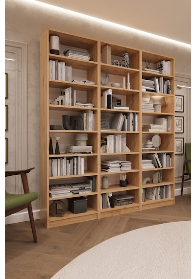 Asra Trend K-21 %100 MDF 180 cm 3 Modüllü Kitaplık 21 Raflı Dev Kütüphane Safir Meşe