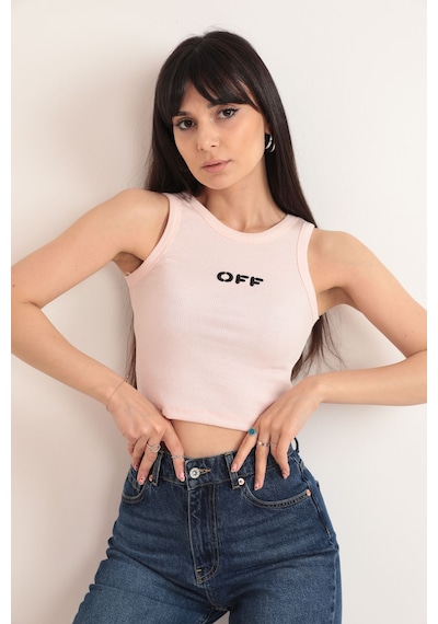 Duygudan Off Nakış Detaylı Fitilli Crop Bluz Pudra - Pembe Çok Renkli
