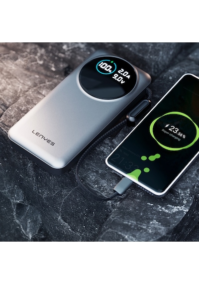 Lenyes Px1004d Dijital Led Ekranlı Lightning Kablolu Powerbank 22.5w 10.000mah Gümüş