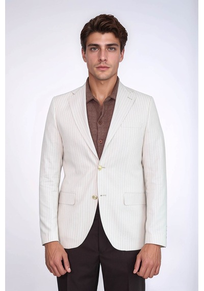 Ekru Çizgili Keten Dokulu Gold Renk Metal Düğmeli Slim Fit Erkek Blazer Ceket Wessi Cream