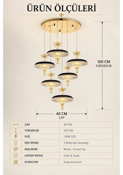 Modern Premium Sarkıt Avize 6'lı Led Gold Siyah Detaylı Modern Salon Avizesi 124w 3 Renk