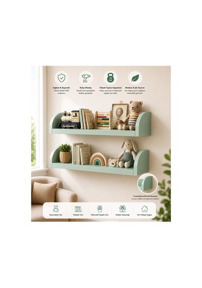 Duvar Rafı 50x13 Cm Mdf Çocuk Odası Kitap ,oyuncak Ve Dekor Rafı Yeşil