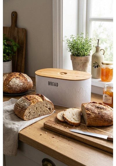 Makri Home Ekmeklik, Metal Ekmek Kutusu, Bambu Kapaklı Beyaz Ekmek Sepeti, 34 X 19 X 16 Cm Beyaz
