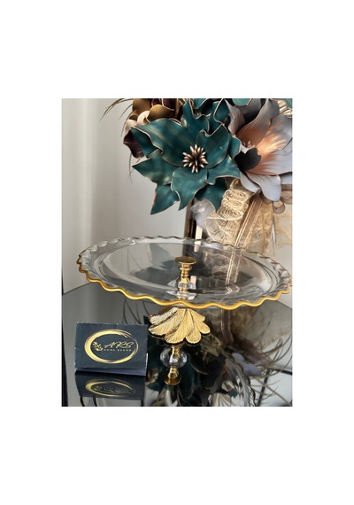 Paşabahçe Yuvarlak Şekilli Gold Yaldızlı Metal Ayaklı Dekoratif Sunumluk Modern Tabak Cam Stand Çok Renkli