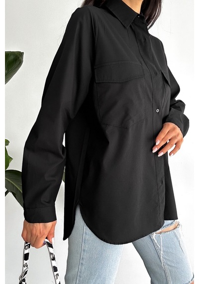 Femelle Kadın Siyah Yeni Sezon Çift Cepli Oversize Gömlek